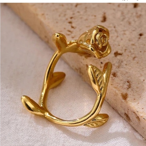 18k Gold Leaf Handcrafted Rose Ring 6-8 - Picture 3 of 8